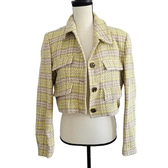 Zara Beige & Yellow Plaid Textured Cropped Lapel Collar Blazer Size Large - Picture 2 of 8